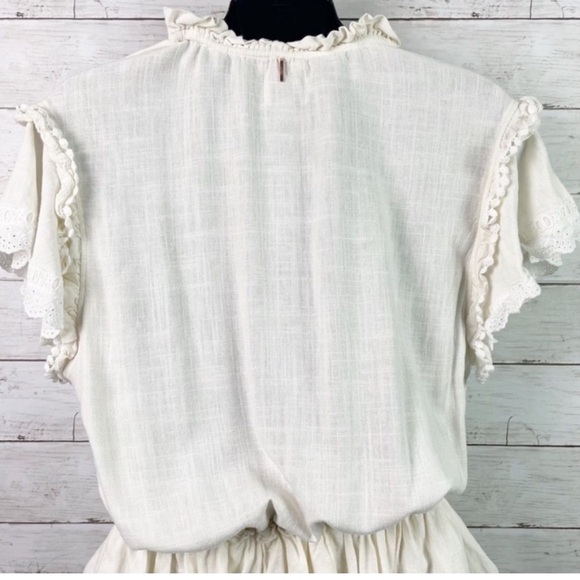 MISA Los Angeles Linen Popover Ruffle Tiered Mini Dress in Ivory Cream S - Picture 7 of 10